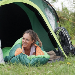 Woman in sleeping bag in tent