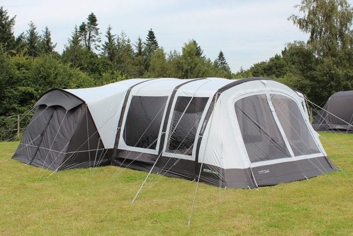 Large family tent set up with plenty of pegs and guy lines