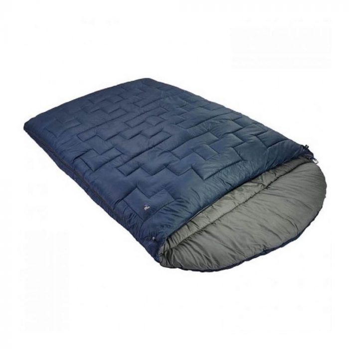 A double sleeping bag in blue and grey fabric, designed for comfort and warmth during outdoor adventures.
