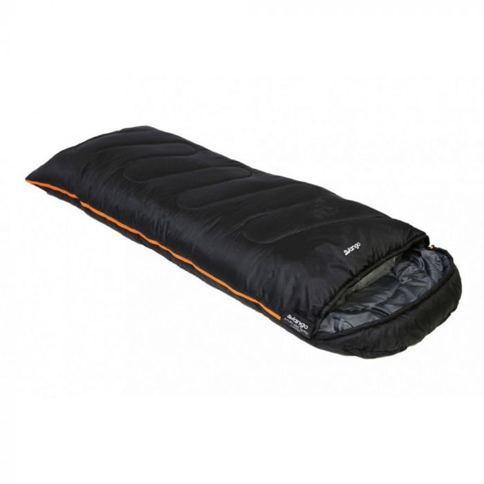 Black and orange Vango square sleeping bag, ideal for camping and outdoor activities, showcasing a stylish design.