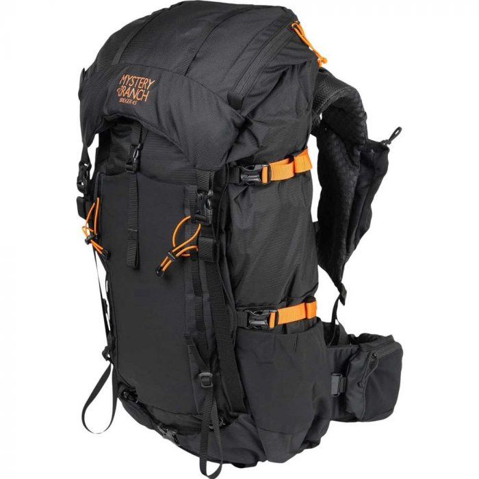 Mystery Ranch black mountaineering backpack.