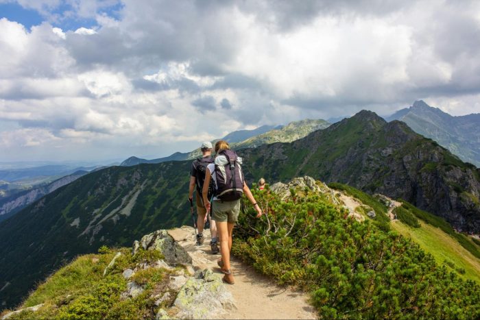 Two hikers with backpacks trek along a scenic mountain trail, surrounded by lush greenery and stunning views.