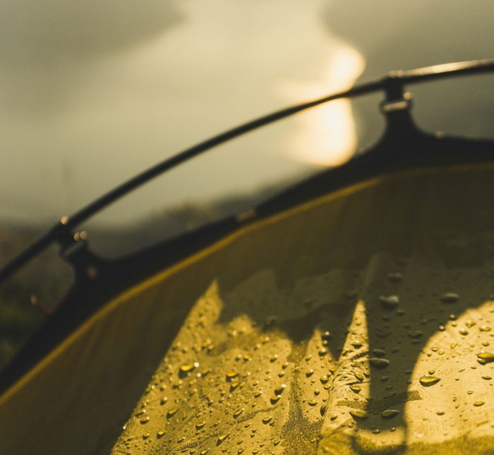 Close up of rain drops on tent fabric
