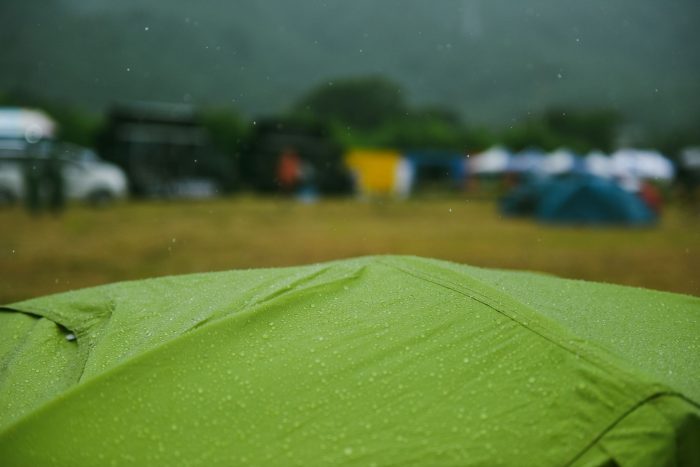 Tent in the rain showing the rain droplets forming on top